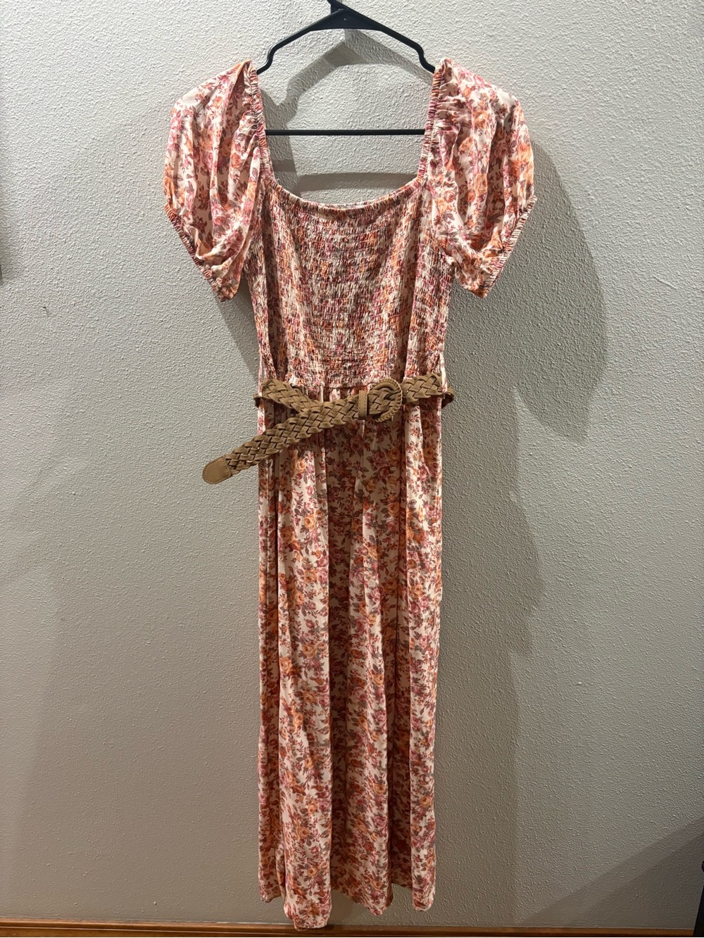 Wallflower Floral Smocked Puff Sleeve Belted Maxi Dress Pink Orange Size S